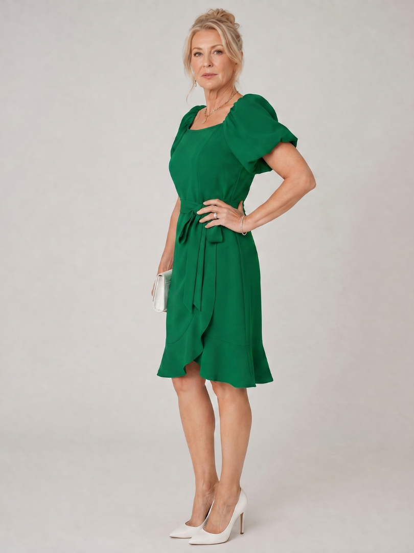 Green puff sleeve mini dress with square neckline and side waist tie detail, A-line skirt