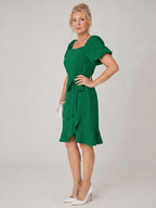 Green puff sleeve mini dress with square neckline and side waist tie detail, A-line skirt