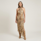Leopard print fitted maxi dress with high neck and sleeveless silhouette, tan and brown