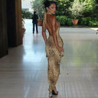 Leopard-print backless sleeveless maxi dress with open back and high neckline