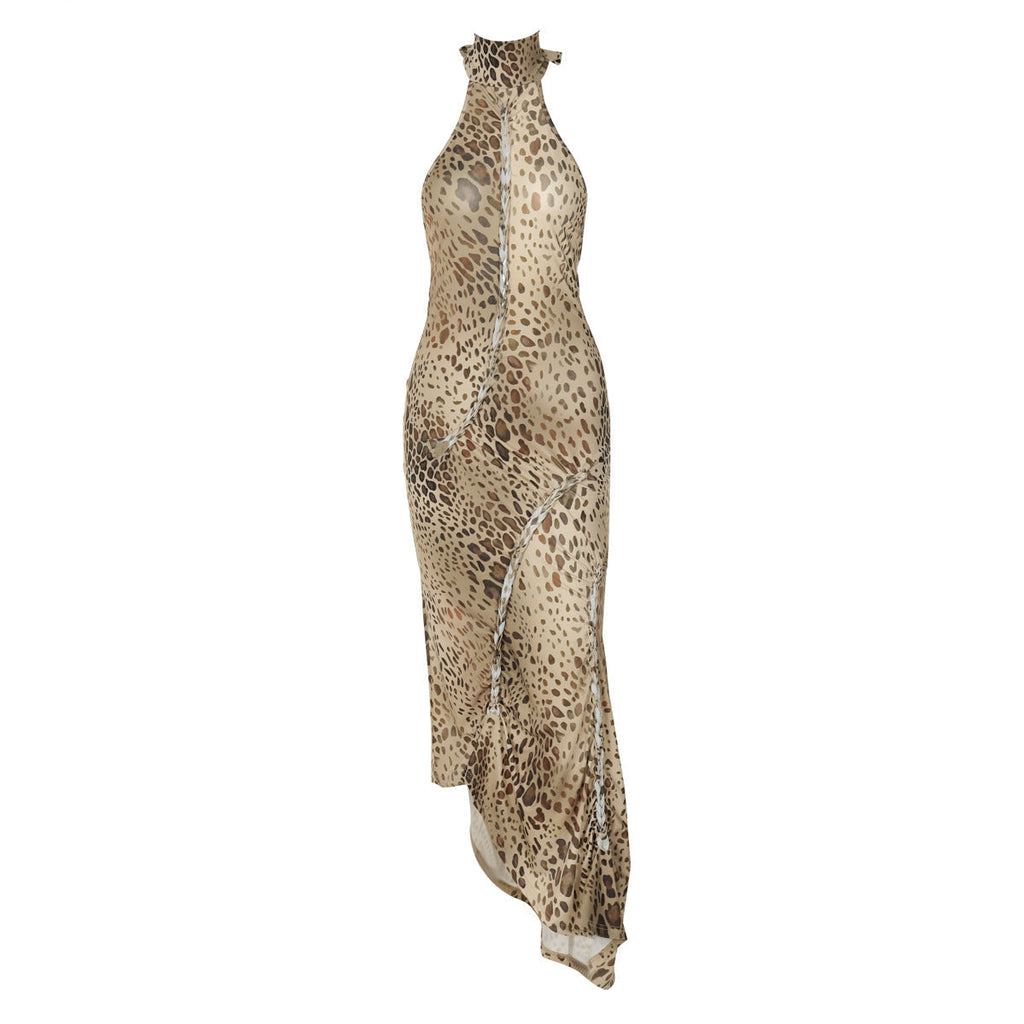 Leopard-print backless maxi dress on mannequin, sleeveless halter with high neck