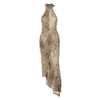 Leopard-print backless maxi dress on mannequin, sleeveless halter with high neck