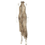 Leopard-print backless maxi dress on mannequin, open back and thin straps
