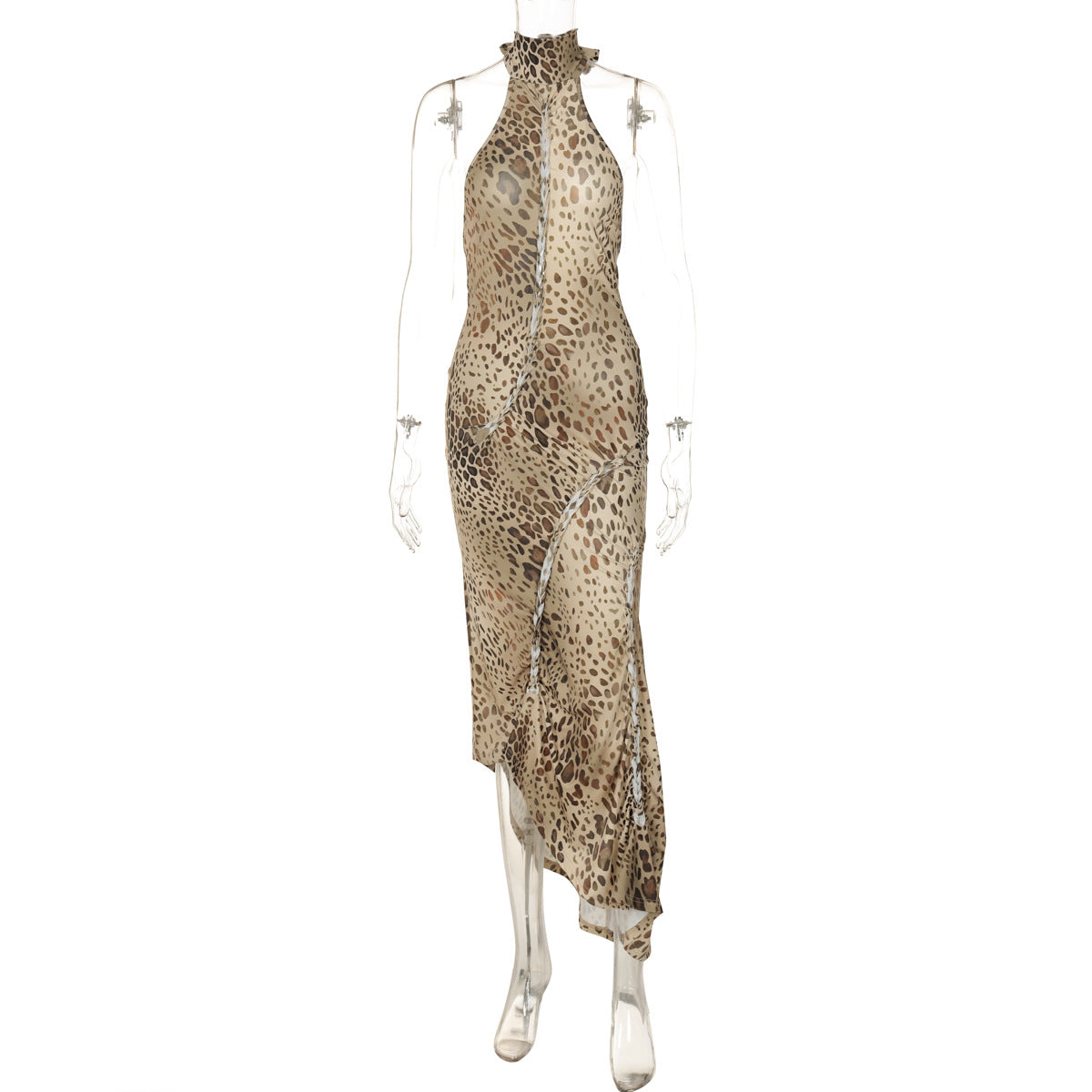 Leopard-print backless maxi dress on mannequin, open back and thin straps