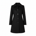 Single-breasted winter trench coat in black, with notched lapels and dark buttons