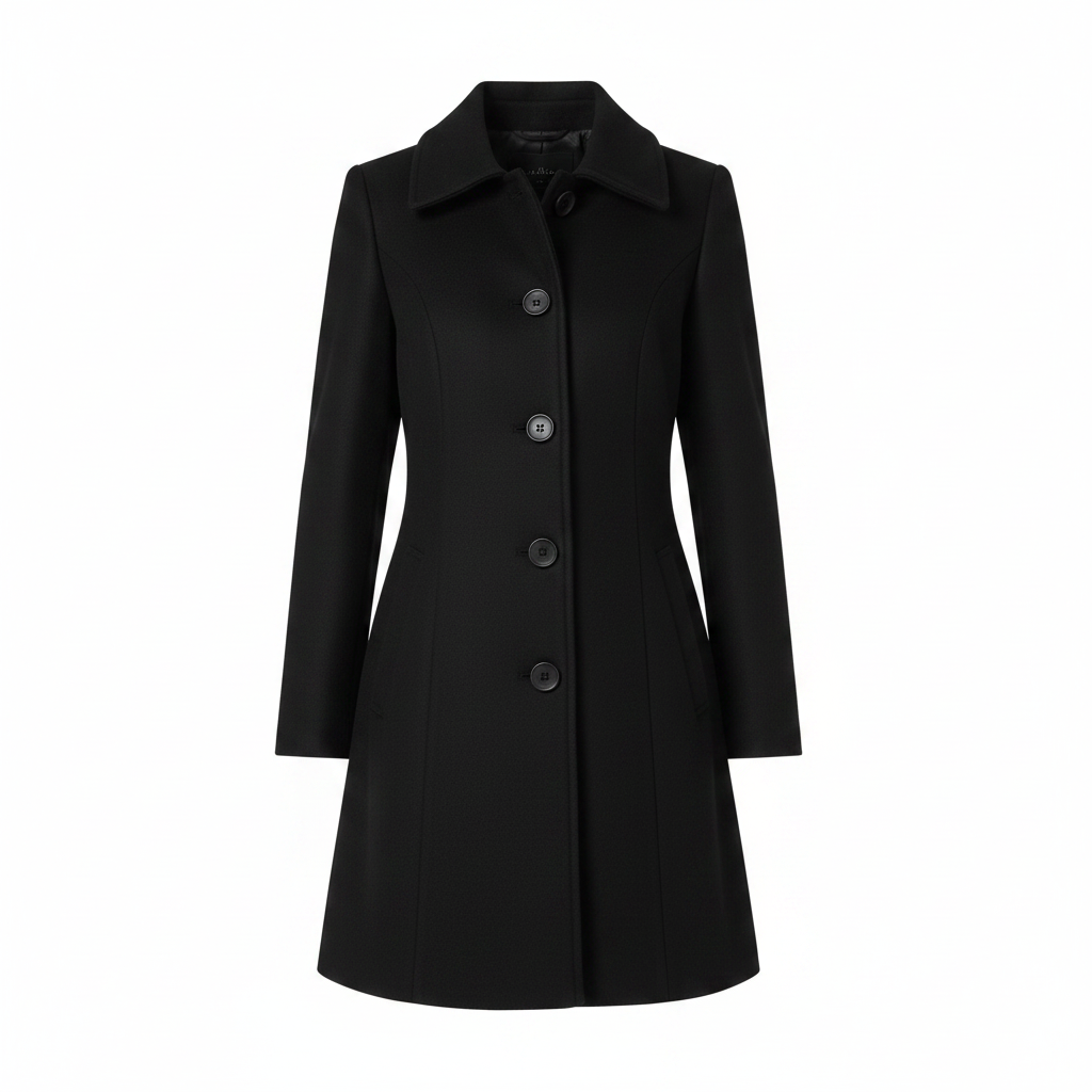 Single-breasted winter trench coat in black, with notched lapels and dark buttons