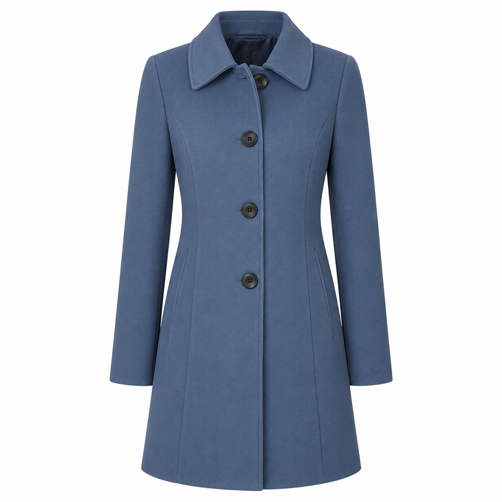 Women's tailored wool trench coat, single-breasted with notched collar and button front