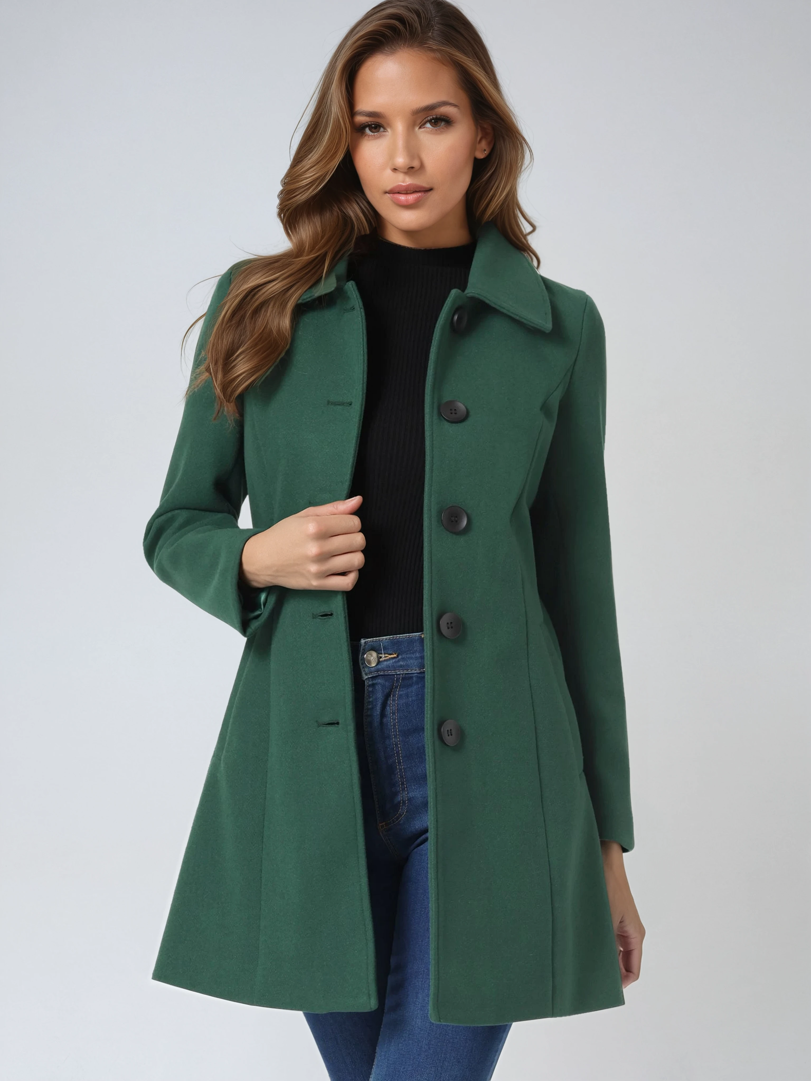 Single-breasted winter trench coat in green, notched lapels with button front