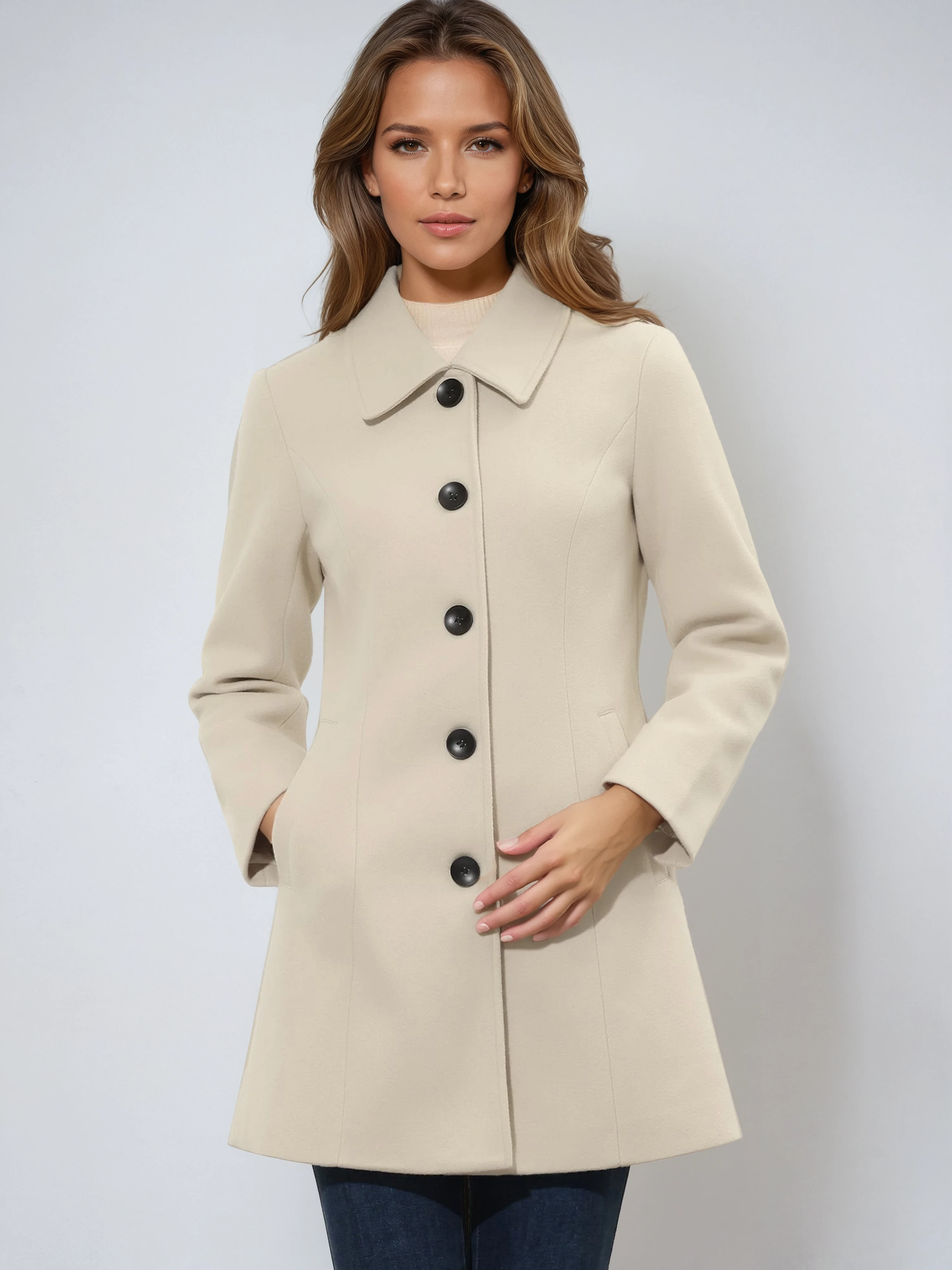 Single-breasted winter trench coat, beige, notched collar, black button front.