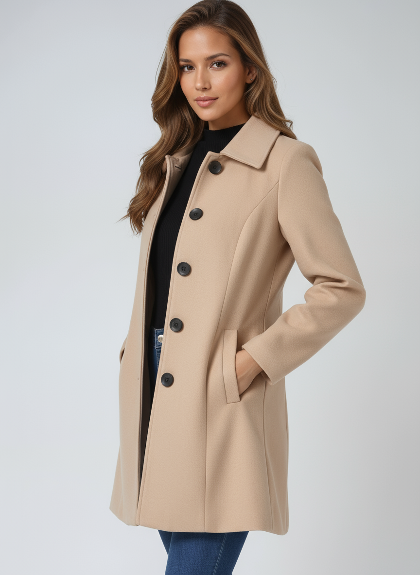 Single-breasted winter trench coat, tan, notched collar, dark button front.