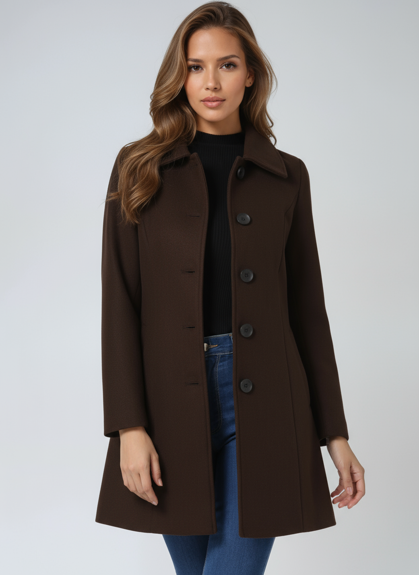 Single-breasted winter trench coat, dark brown, notched collar, button front.
