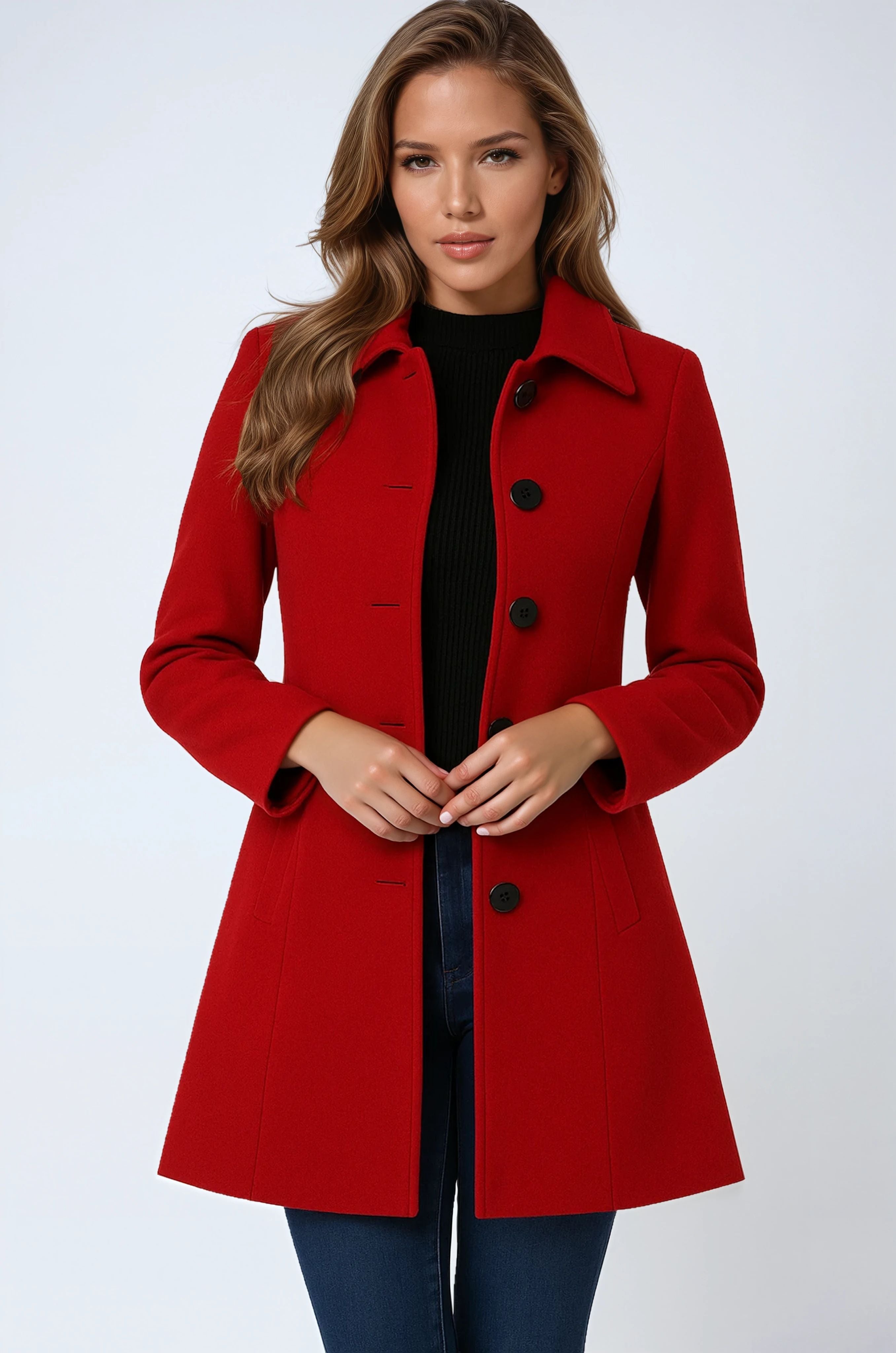 Single-breasted winter trench coat, red, notched collar, dark button front.
