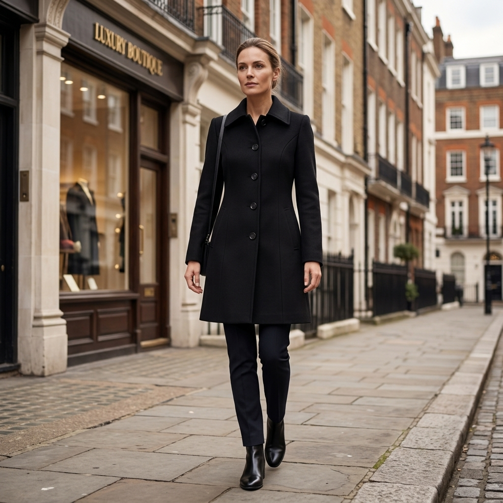 Women's black single-breasted wool trench coat with button front, tailored fit
