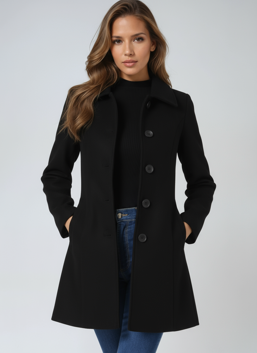 Single-breasted winter trench coat in black, button front and wide collar