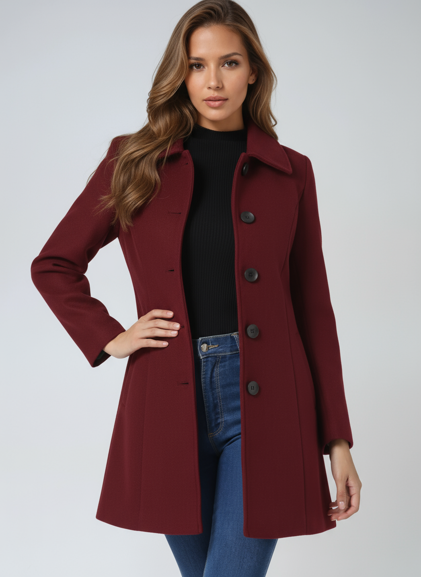 Single-breasted winter trench coat in dark red, notched lapels and button front