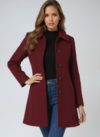Single-breasted winter trench coat in dark red, notched lapels and button front