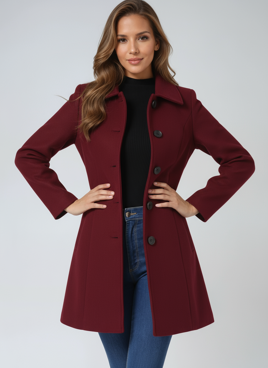 Single-breasted winter trench coat in dark red with wide collar and buttoned placket