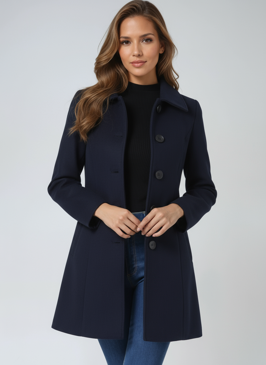 Single-breasted winter trench coat in dark blue with notched lapels and button front