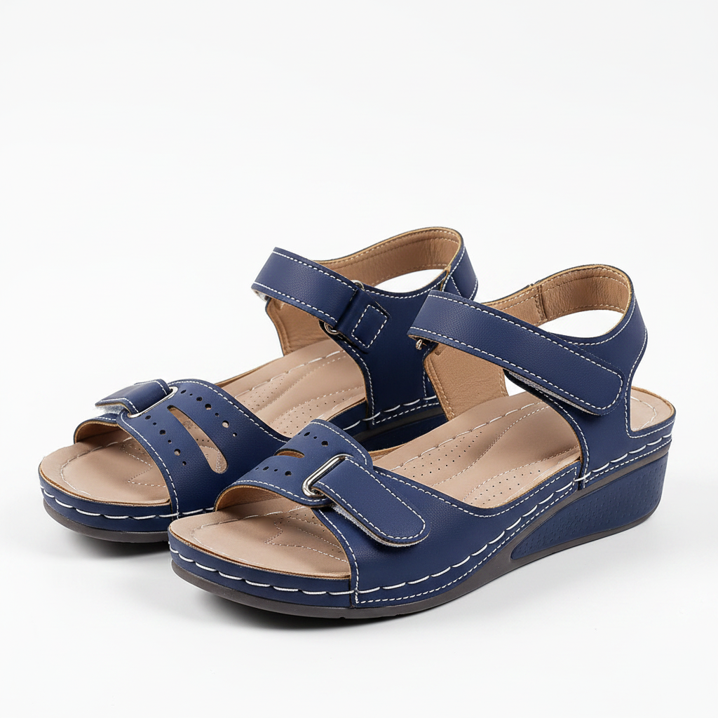 Slip-on support sandals in navy with two hook-and-loop straps and cushioned footbed