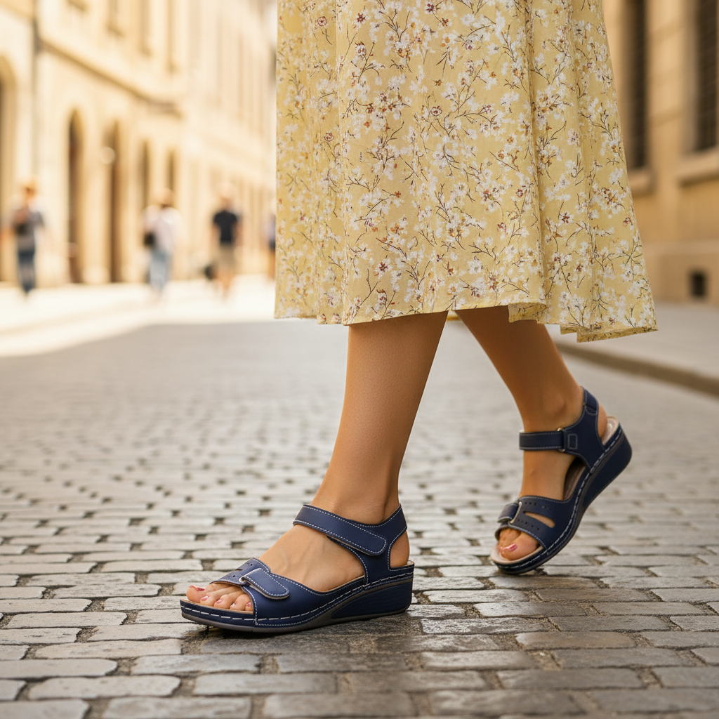 Navy slip-on support sandals with two hook-and-loop straps and cushioned insole