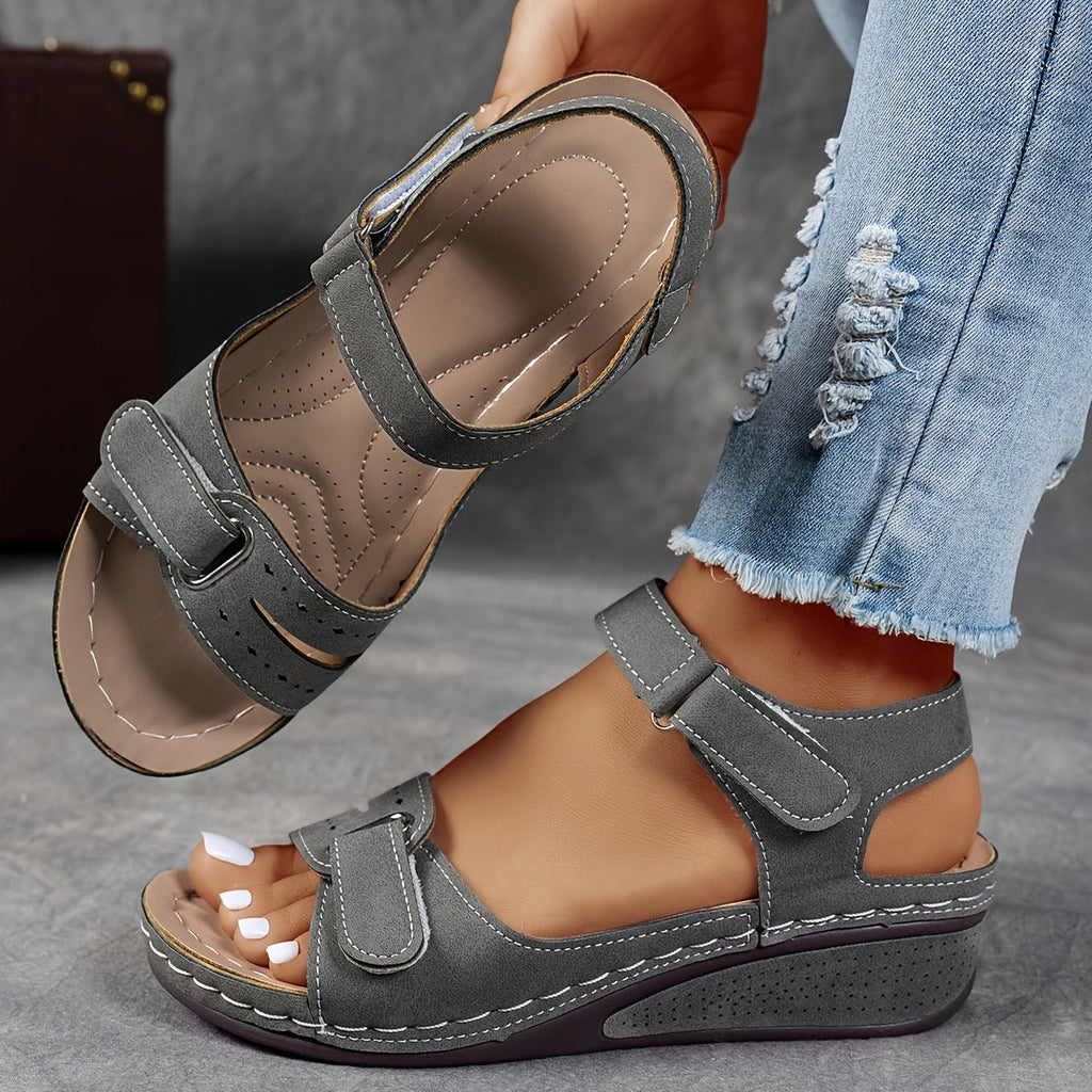 Gray slip-on support sandals with two hook-and-loop straps and cushioned insole