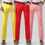Men's casual pants, regular fit, red, yellow, and pink color options side view