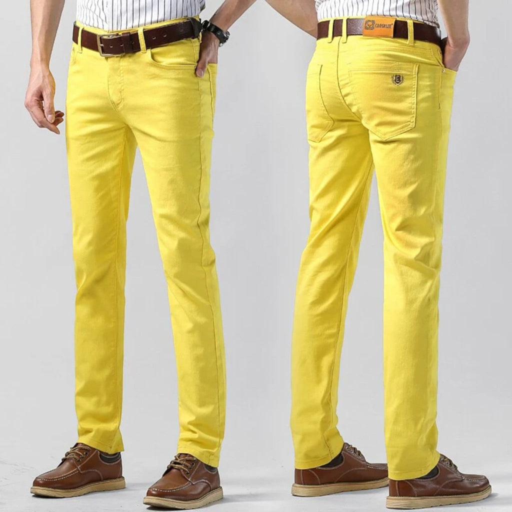 Men's casual pants, regular fit, yellow with belt loops and front pockets