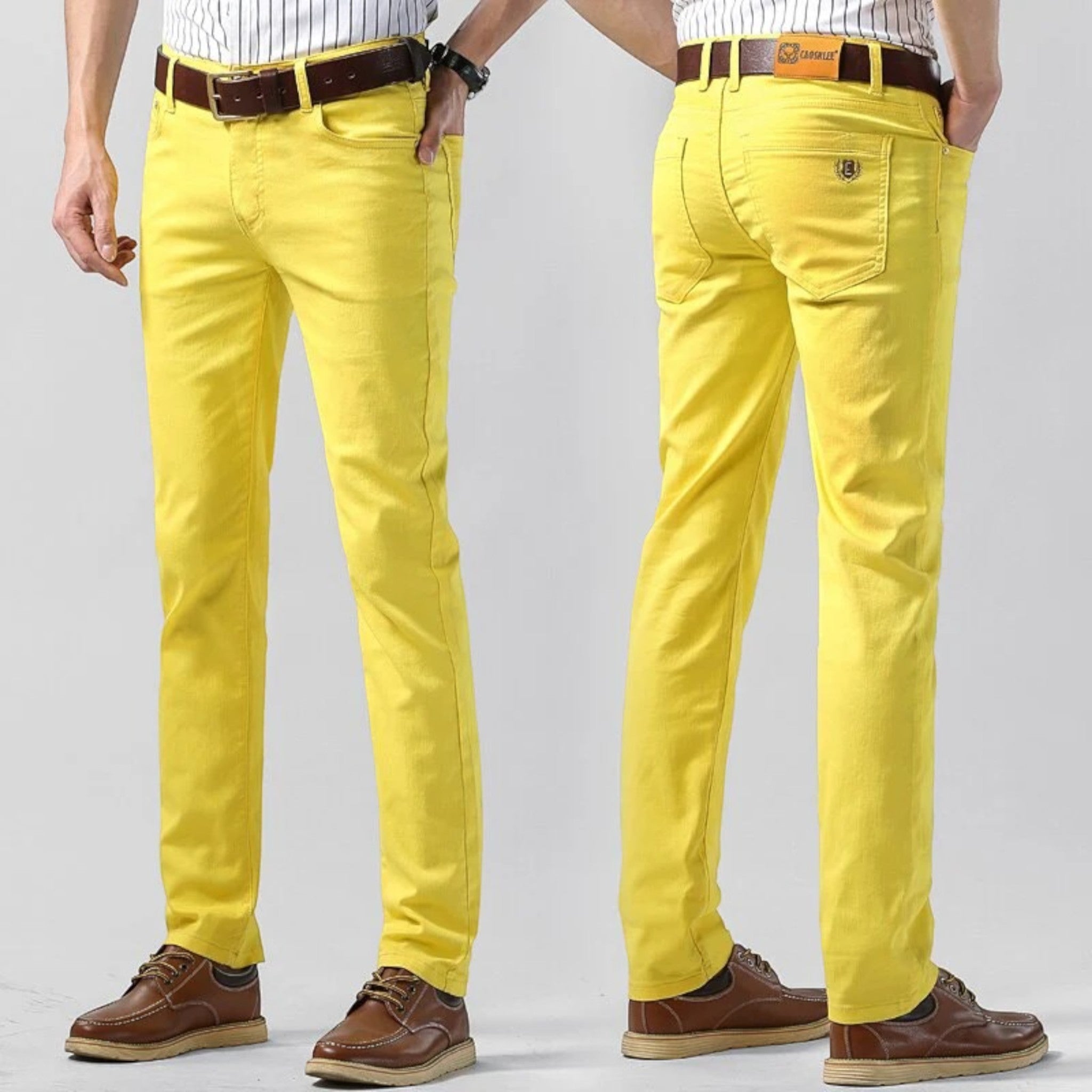 Men's casual pants, regular fit, yellow with belt loops and front pockets