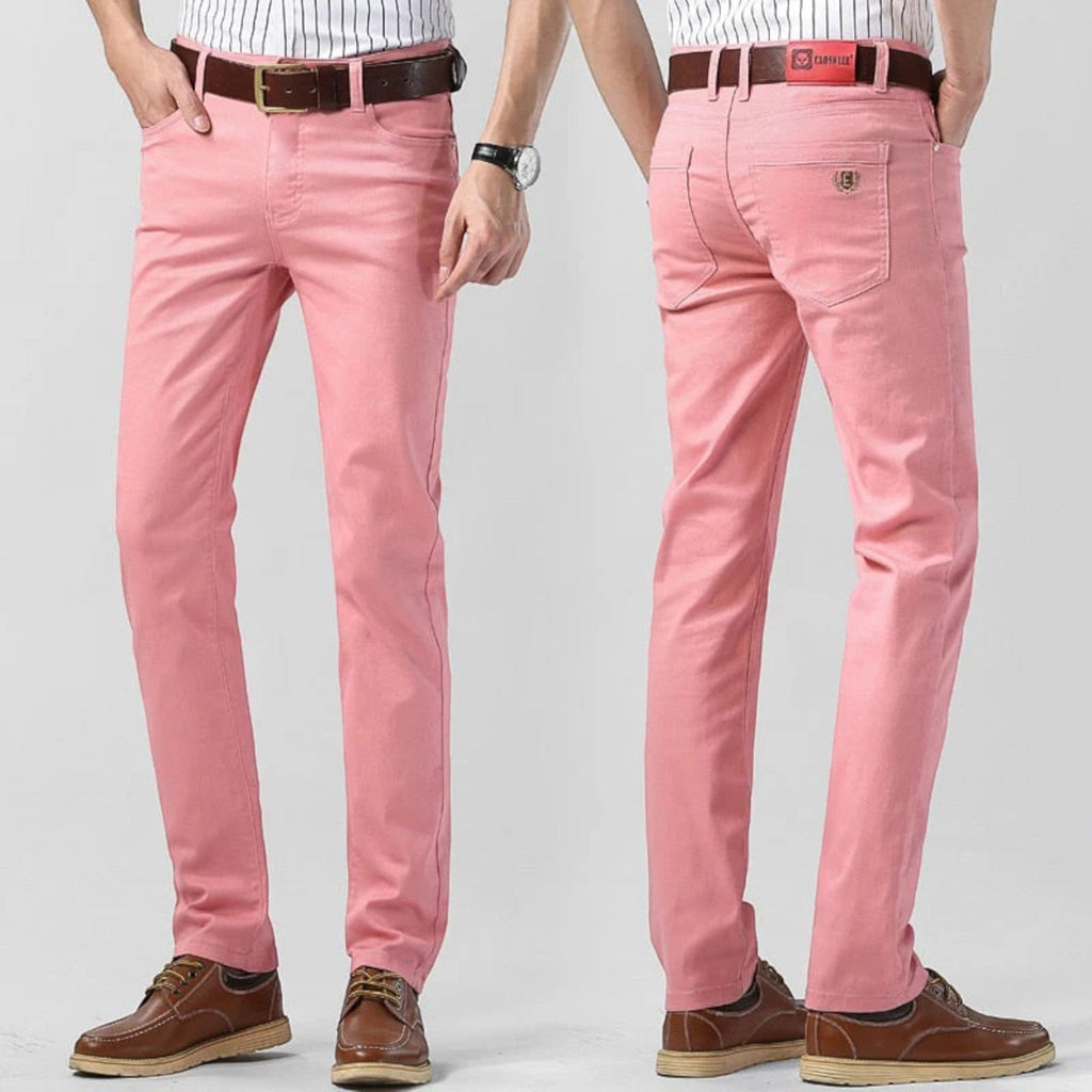 Men's casual pants, regular fit, pink pair shown side view with front pockets