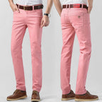 Men's casual pants, regular fit, pink pair shown side view with front pockets