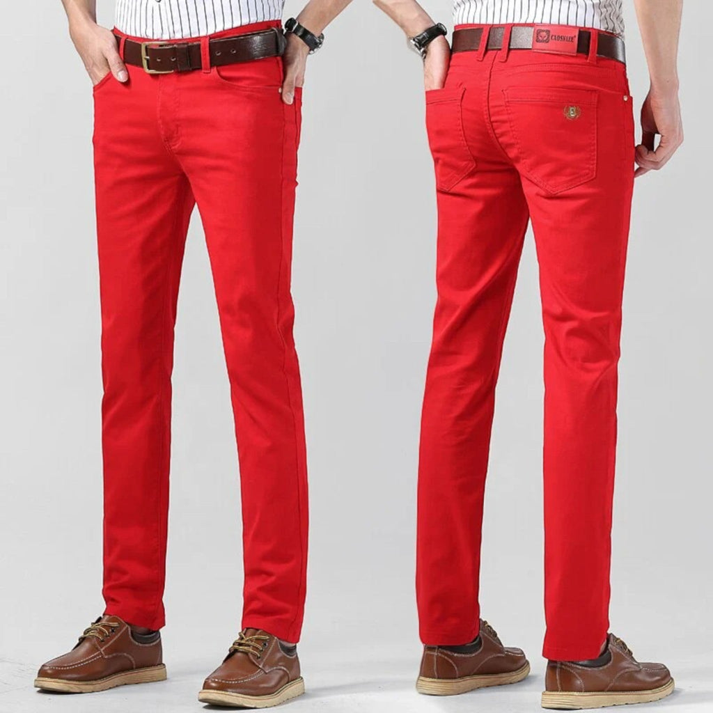 Men's casual pants, regular fit, red pair shown side view with belt loops