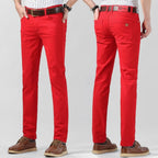 Men's casual pants, regular fit, red pair shown side view with belt loops