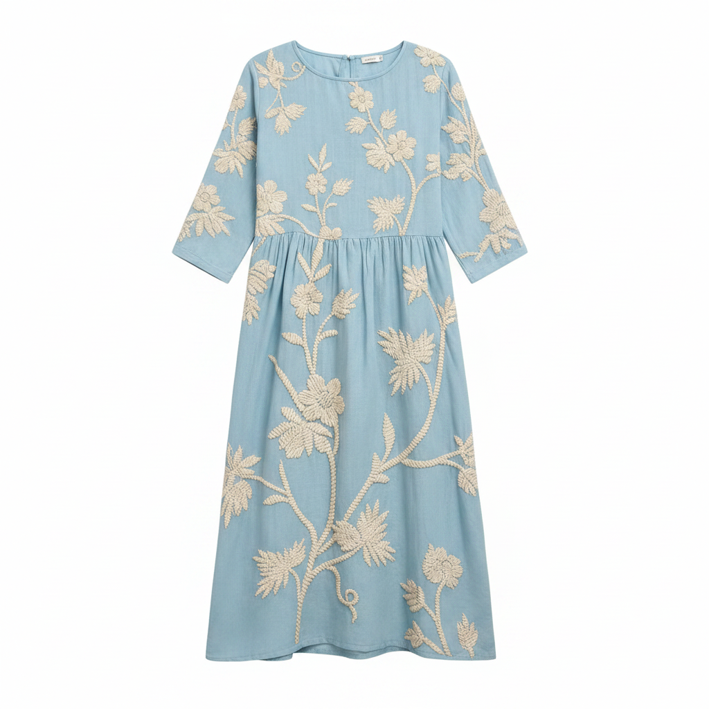 Light blue embroidered midi dress, round neck, 3/4 sleeves, gathered waist, flowy silhouette.