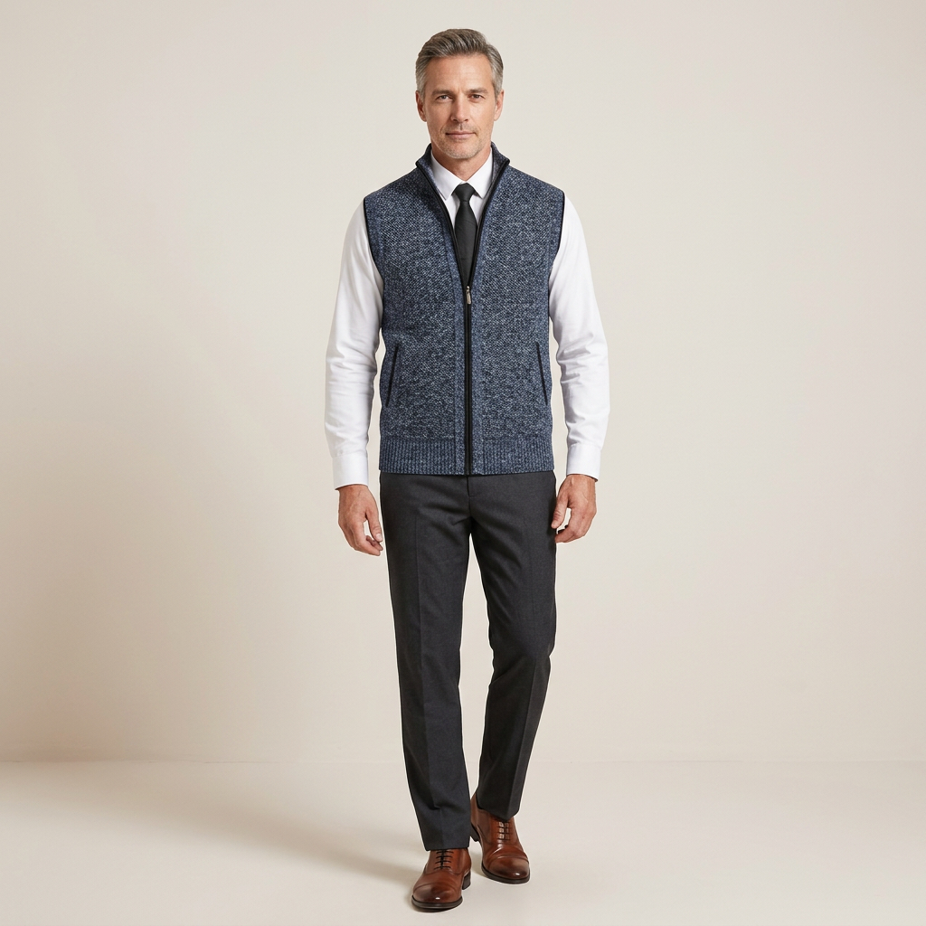 Men's dark grey fleece vest with full zip front and stand collar, sleeveless