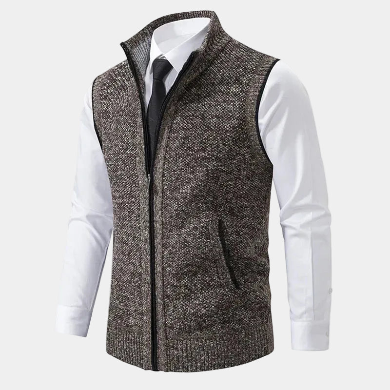 Brown fleece zip-up vest with stand collar and side welt pockets