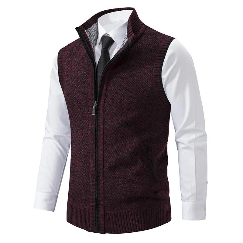 Burgundy fleece zip-up vest with stand collar and side pockets