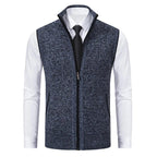 Blue fleece zip-up vest with stand collar and front zip closure