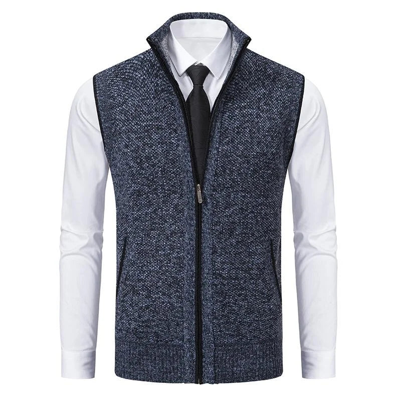 Blue fleece zip-up vest with stand collar and front zip closure