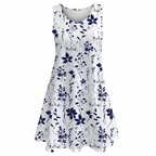 Floral sleeveless mini dress, white with navy blue botanical print