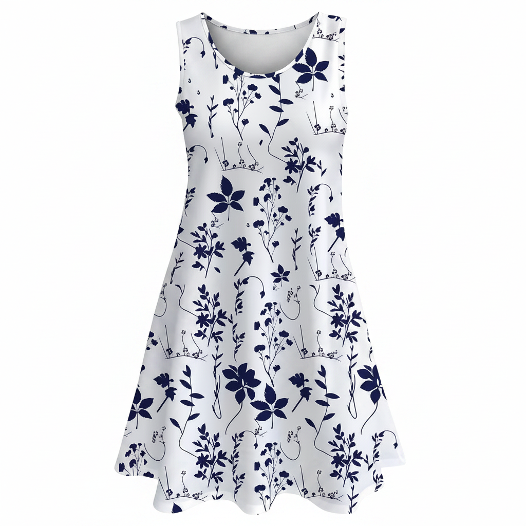Floral sleeveless mini dress, white with navy blue botanical print
