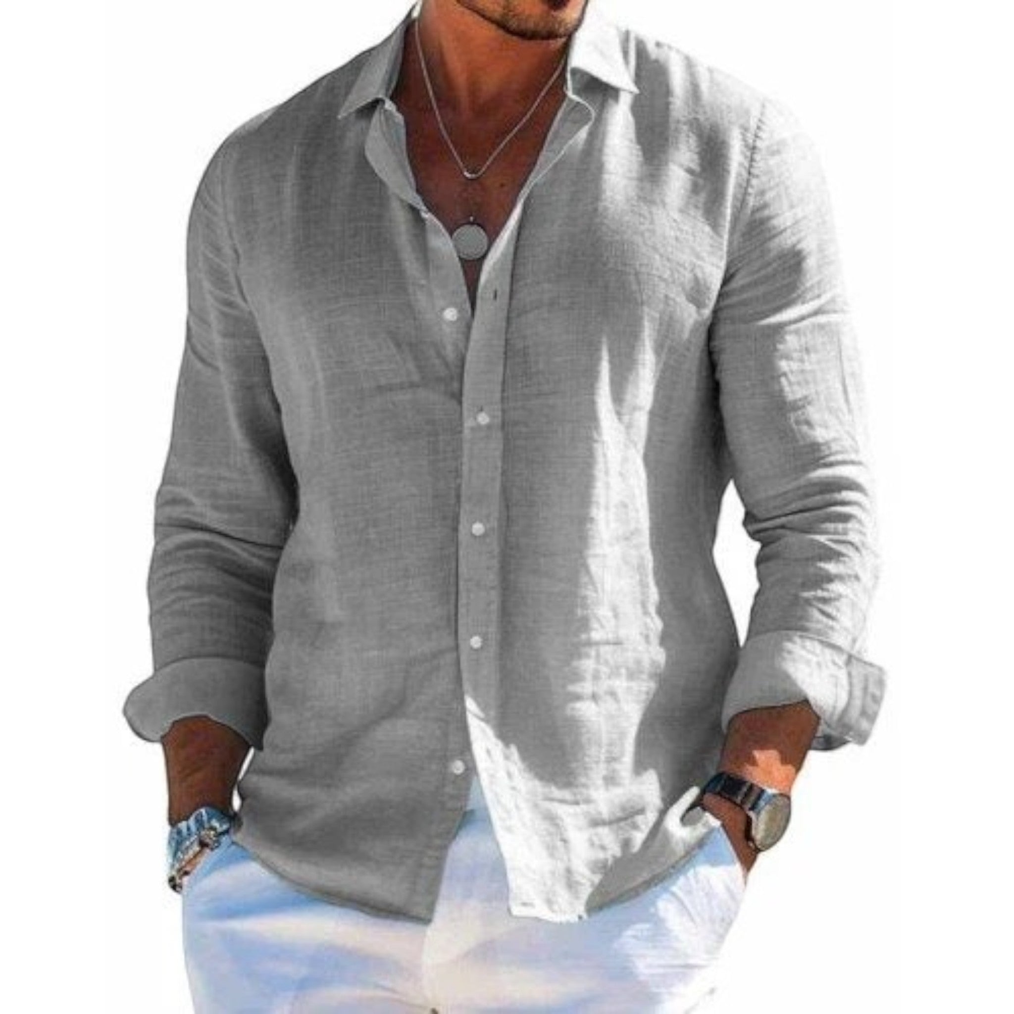 Men's breathable summer shirt, long-sleeve button-up in gray with open collar.