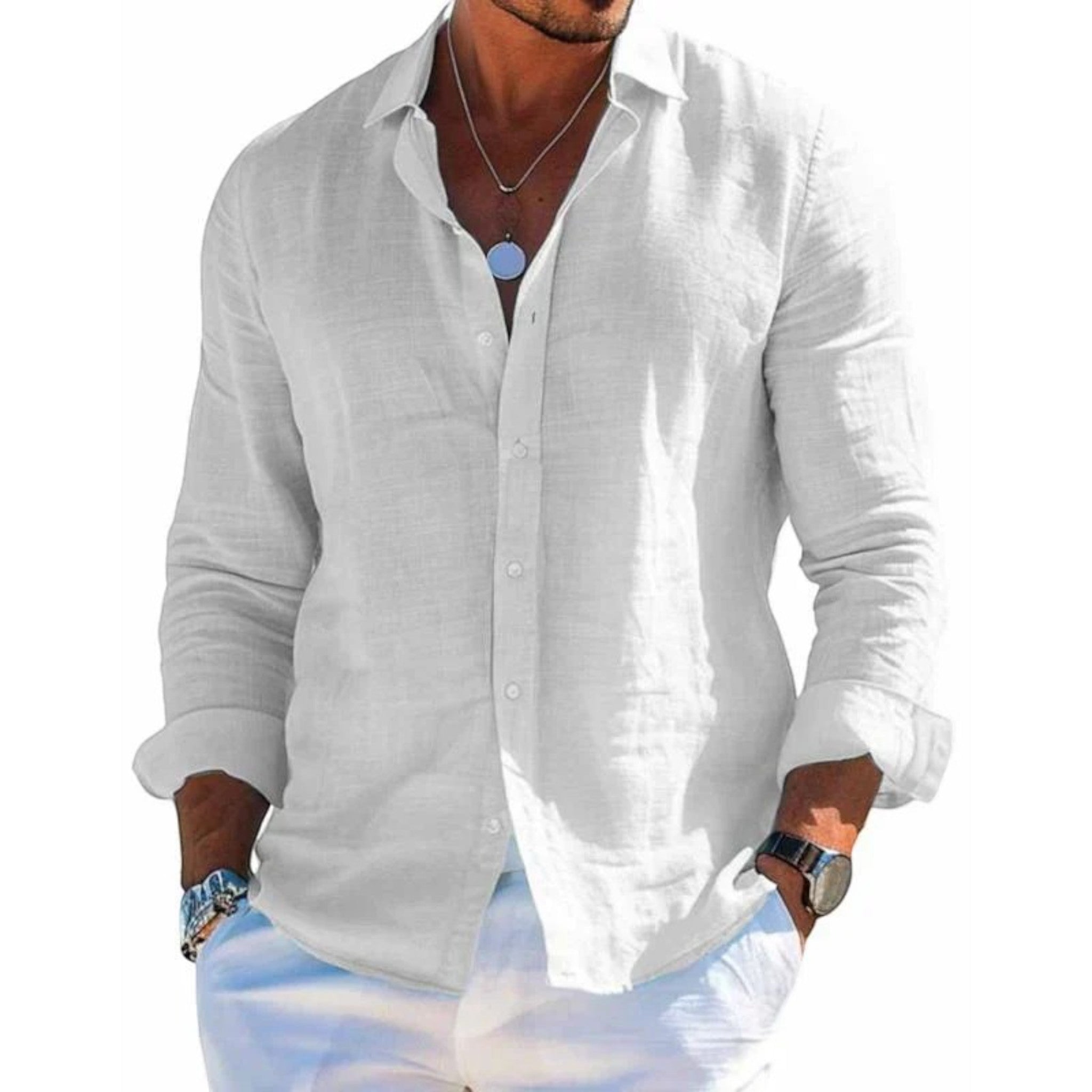 Men's breathable summer shirt, gray long-sleeve button placket and collarless neckline.