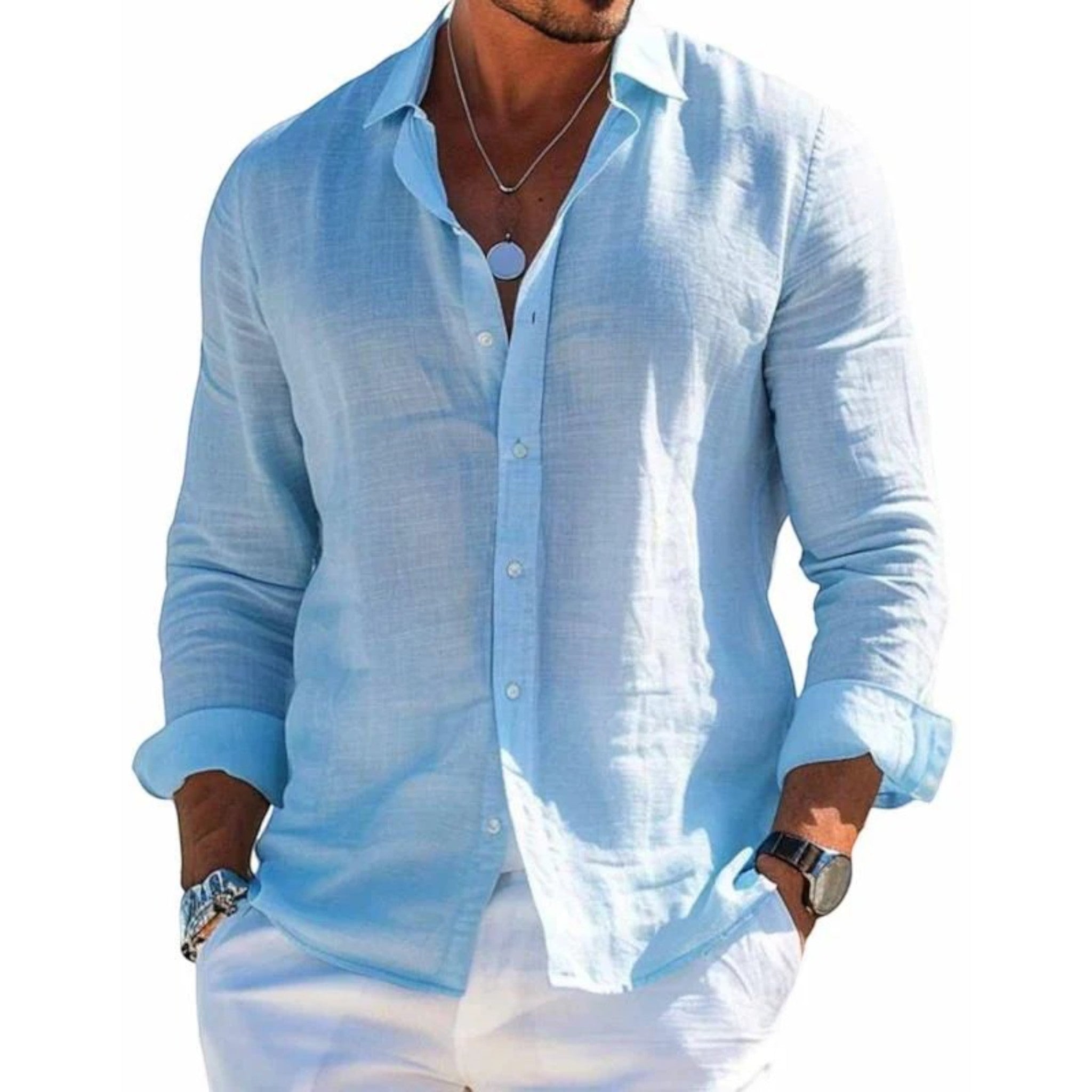 Men's breathable summer shirt, long-sleeve button-up in light blue with open collar.