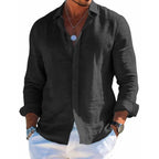 Men's breathable summer shirt, long-sleeve button-up in black with open collar.