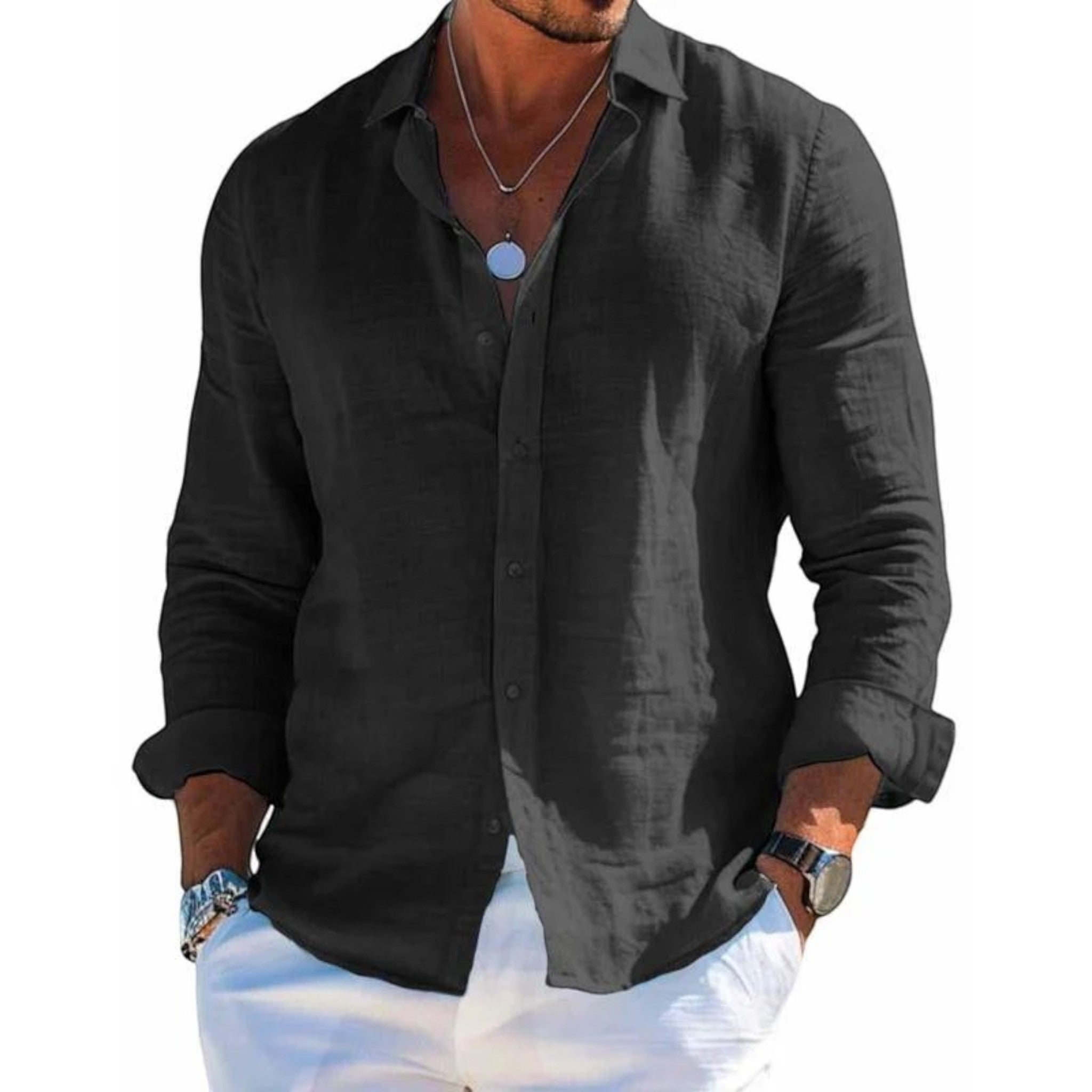 Men's breathable summer shirt, long-sleeve button-up in black with open collar.