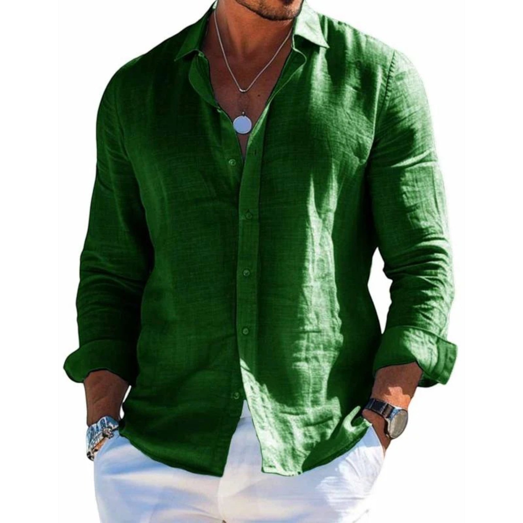 Men's breathable summer shirt, long-sleeve button-up in green with open collar.