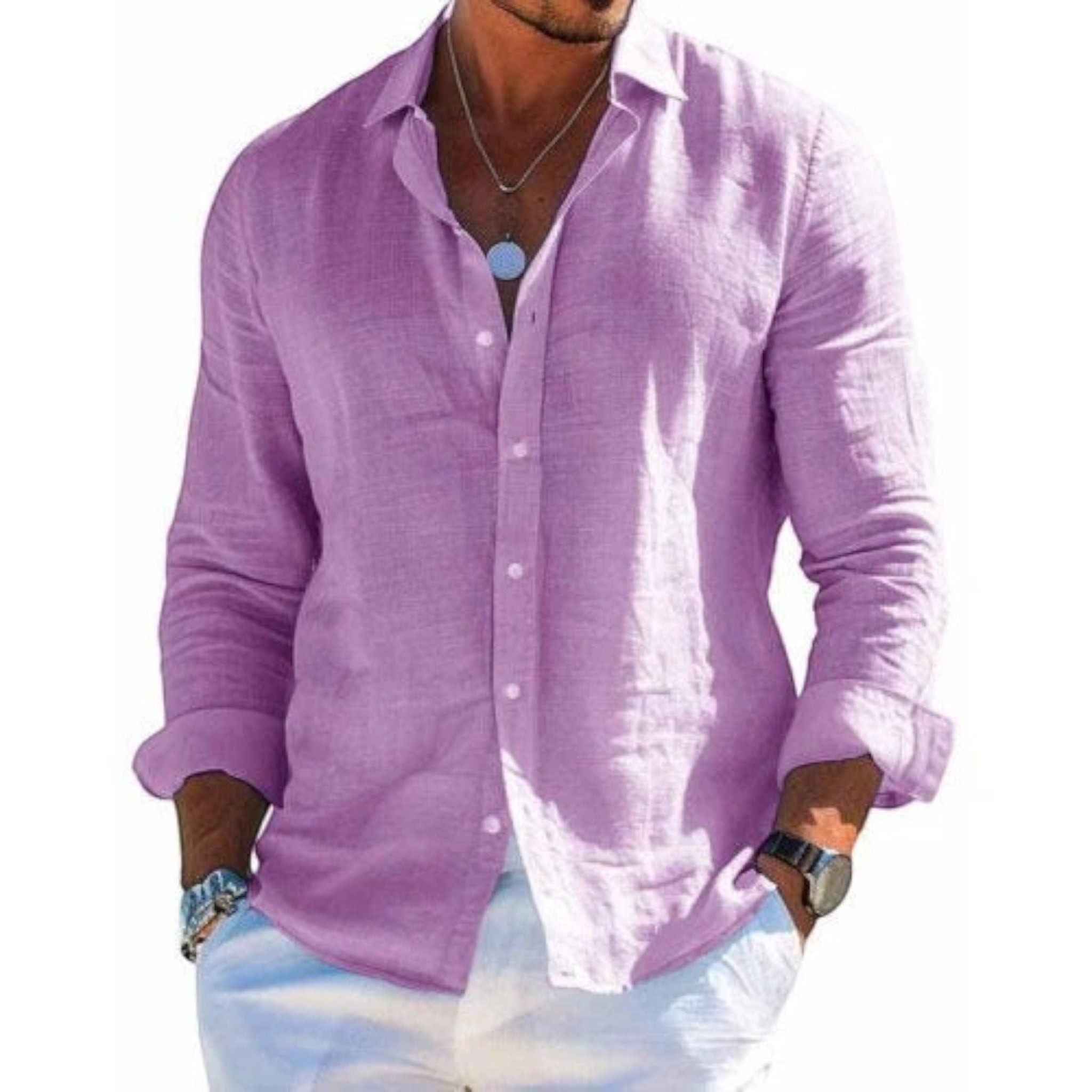 Men's breathable summer shirt, long-sleeve button-up in purple with open collar.