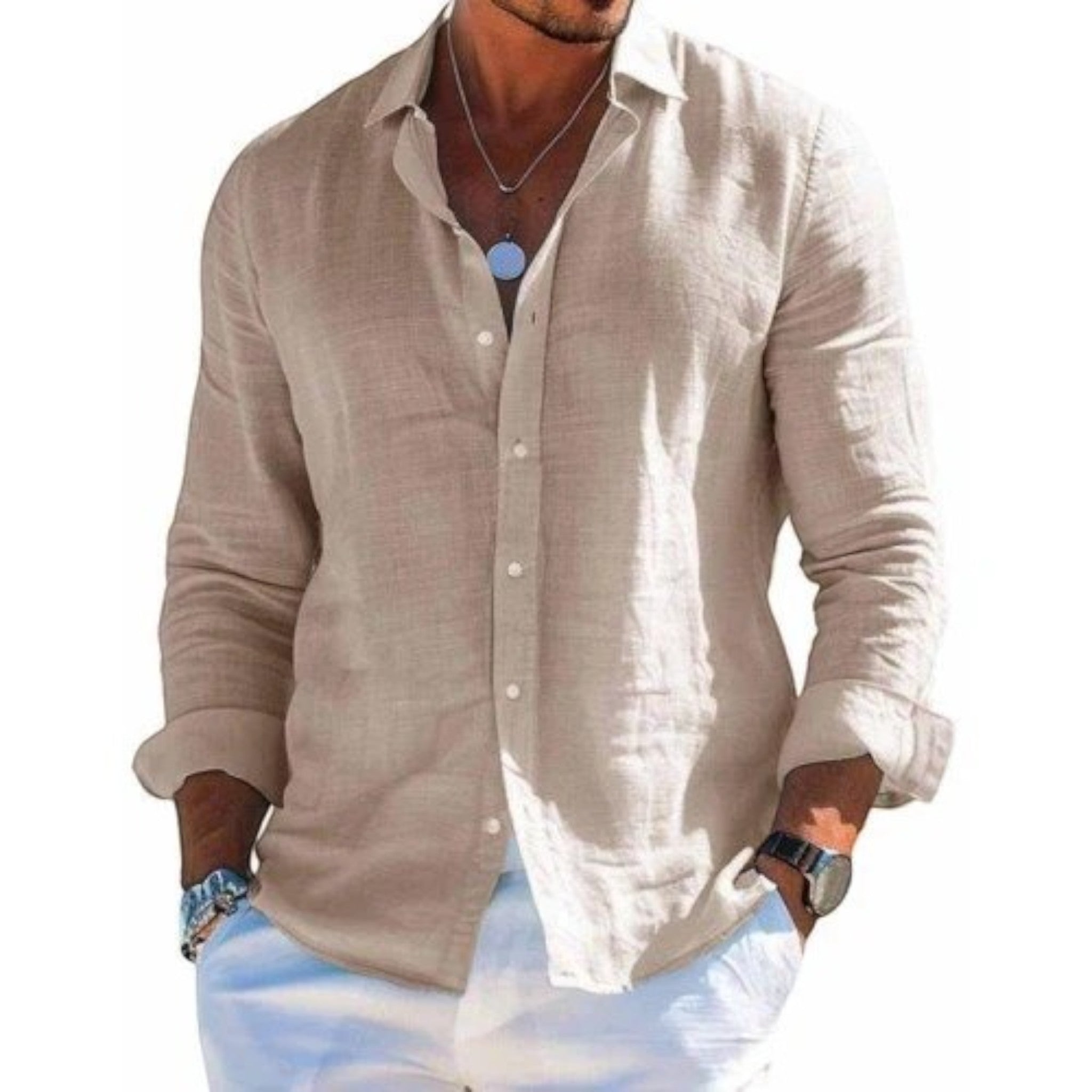 Men's breathable summer shirt, long-sleeve button-up in tan with open collar.