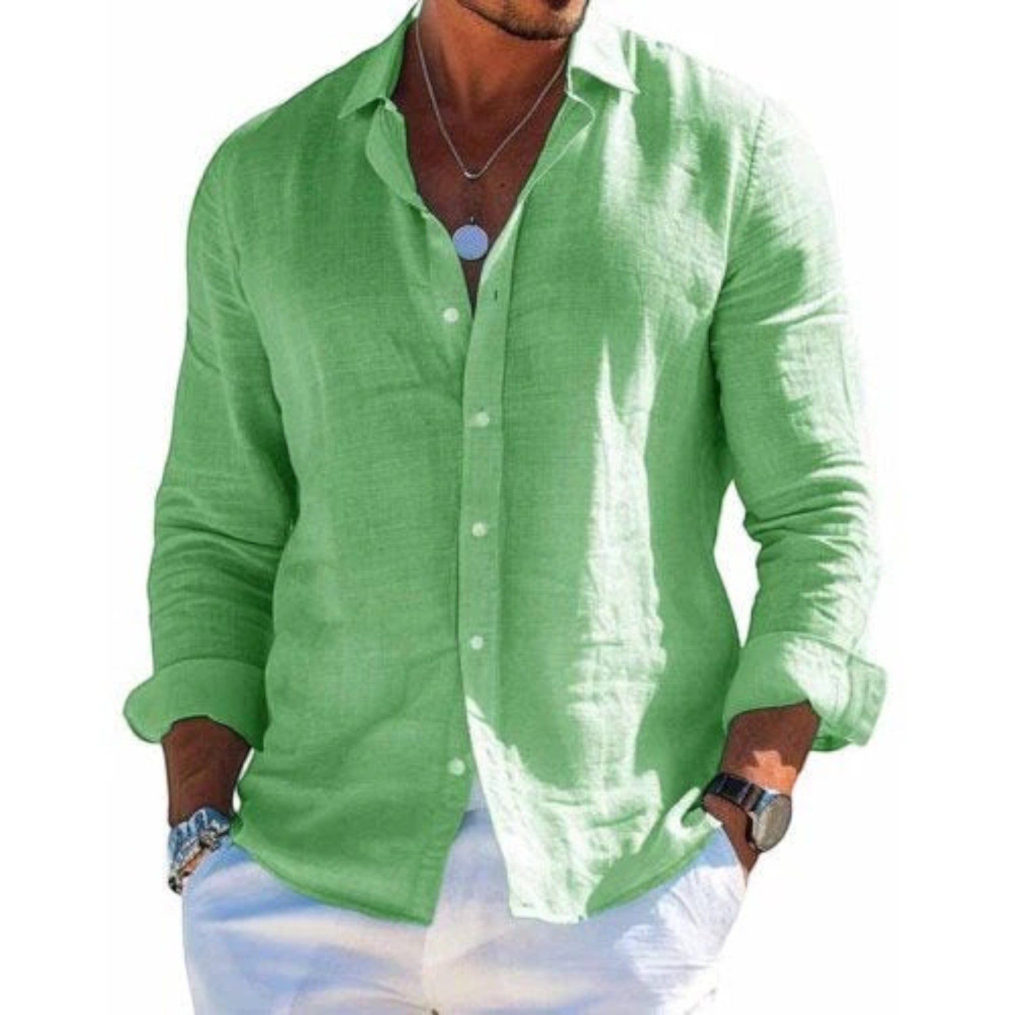 Men's breathable summer shirt, long-sleeve button-up in bright green with open collar.