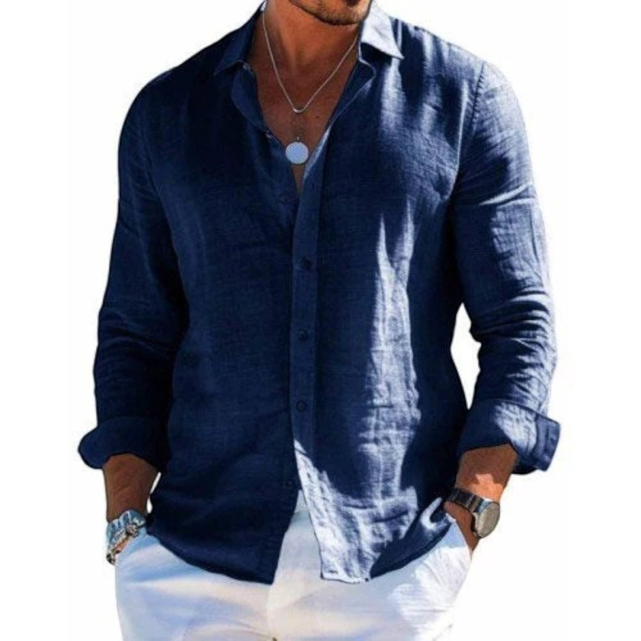 Men's breathable summer shirt, long-sleeve button-up in dark navy blue with open collar.